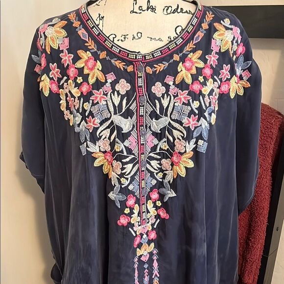 Johnny Was Alia Cupra Blue Multicolor Design Embroidered Poncho Boho Modern - Picture 7 of 16